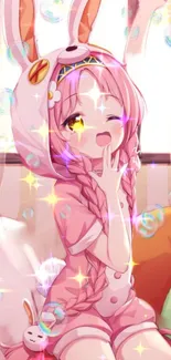 Cute anime girl in pink bunny outfit with sparkles.