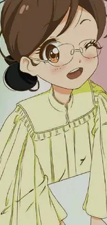 Cute anime girl with glasses in pastel colors.