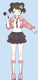 Charming anime girl singing with mic in a pink outfit on a light blue background.