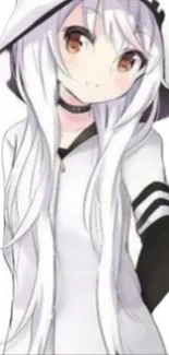 Anime girl with long white hair and hoodie in kawaii style.