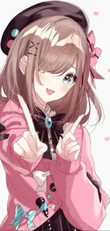 Anime girl with pink sweater and accessories, smiling with hands up.