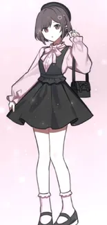 Anime girl in pastel outfit with pink background.