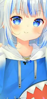 Cute anime girl with blue eyes and hoodie.