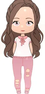 Anime girl with brown hair in pink outfit, soft pastel background.