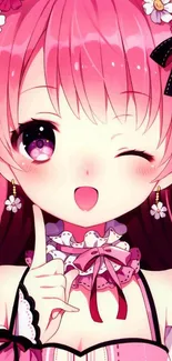 Anime girl winking with pink hair and accessories.