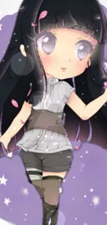 Chibi anime girl with purple background featuring stars and petals.