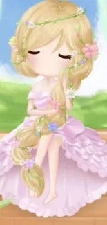 Cute anime girl with pink dress and flowers in hair sitting peacefully.