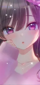 Anime girl with captivating eyes and lavender hues.