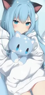 Cute anime girl with blue hair hugging a plushie, surrounded by glowing stars.