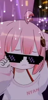 Anime girl with pink hair and sunglasses in a playful pose.