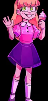 Anime girl in pink and purple with ice cream on black background.