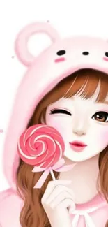 Anime girl with pink hoodie and lollipop mobile wallpaper.