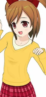 Anime girl with red bows in yellow sweater.