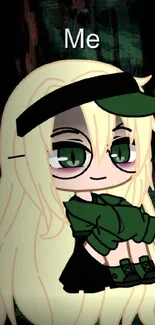 Anime girl with blonde hair and green eyes on a dark green background.