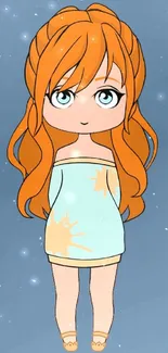 Cute anime girl with orange hair on a blue-gray background mobile wallpaper.