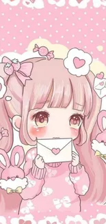 Cute anime girl holding a letter in a pink pastel themed wallpaper.