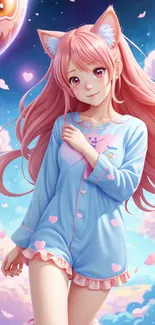 Cute anime girl with pink hair and pastel outfit.