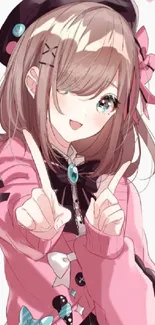 Cute anime girl with pink outfit and accessories, smiling joyfully.