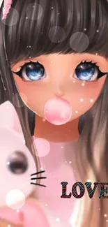 Cute anime girl with bubblegum and love text.