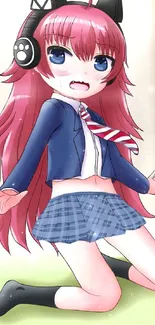 Cute anime girl with red hair and headphones in a school uniform.