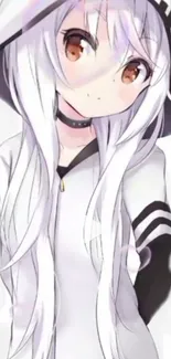 Cute anime girl with white hair and hoodie in chibi style.