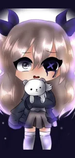 Cute anime girl holding a teddy bear in a chibi style wallpaper.