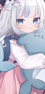 Cute anime girl with sea creature plushies in pastel colors.