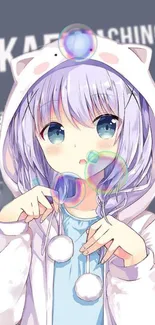 Cute anime girl with purple hair and bubbles on a phone wallpaper.