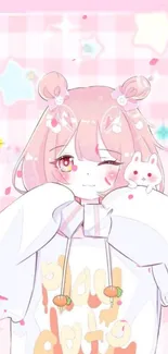 Adorable anime girl with pink pastel background.