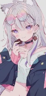 Anime girl with pastel colors and cute accessories.