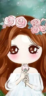 Anime girl with pink roses and soft brown hair in a digital art wallpaper.