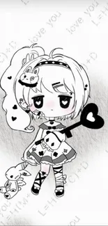 Charming anime girl in black and white with heart motifs.