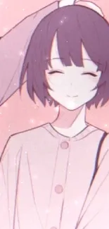 Cute anime girl with pastel pink background, smiling.