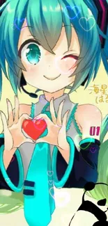 Cute anime girl with cyan hair and a heart background.