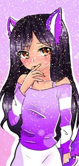 Anime girl with cat ears in purple outfit against a light purple background.