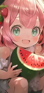 Anime girl with pink hair holding a watermelon.