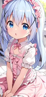 Adorable anime girl with blue hair wearing a pink dress.