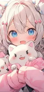 Cute anime girl with blue eyes and plush cats, wearing pink.