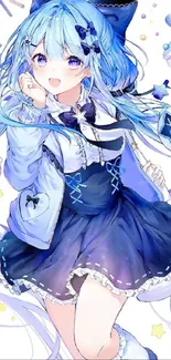 Anime girl with blue hair and dress in a cute, vibrant scene.