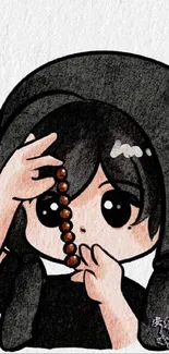 Cute anime girl with beads on textured background.