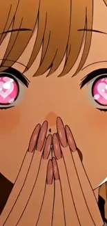 Anime girl with sparkling pink eyes covering mouth in surprise.