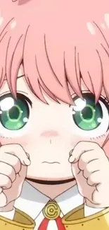 Adorable anime girl with pink hair and big green eyes, looking cute and expressive.