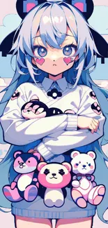 Anime girl with stuffed pandas in pastel theme.