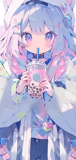 Anime girl with pastel colors sipping bubble tea.