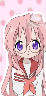 Cute anime girl with glasses in pink theme.