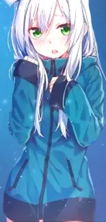 Anime girl with teal hoodie on a blue background.