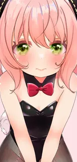 Cute anime girl with pink hair and green eyes in a charming pose.