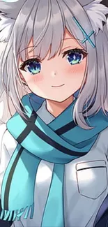 Cute anime girl with blue scarf and blue eyes.