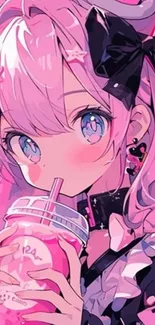 Anime girl with pink hair and bow drinking a pink beverage.