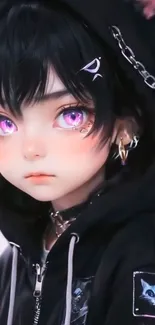 Anime girl with dark hair and pink eyes in a hoodie.